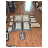 Box of Pictures Silver Framed 14 x 17, Needlepoint Mother, Father are 12 x 19