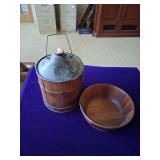 Primitive Wood-Jacketed Kerosene or Oil Can and Wood Bowl