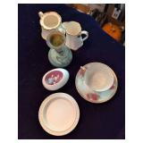 Assorted Lot Home Decor, Art Glass Vase, Creamer and Sugar, Tea Cup With Saucer and Egg with Rabbit