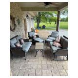 8 Piece Hampton Bay Outdoor Furniture Set - Loveseat, Glider, 2 Chairs, 2 Ottomans, Coffee Table and Side Table (Cushions Show Wear)