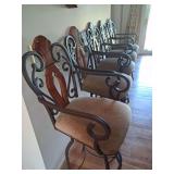 5 Bar Stools, Wrought Iron with Wood and Apolstered Seat