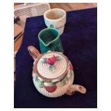 Tea Pot, Flower Pot and Vintage , Early Unmarked McCoy Art Deco Pottery Pitcher, often referred to as the "Asparagus" or "Double Candle" Pattern