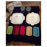 5 Holiday Baking Dishes, 2 Pieces Corning Ware and Plastic Mugs