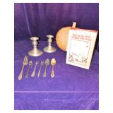Assorted Home Decor, Pewter Candle Holders, Crocheted Pumpkin, Silver Forks and Spoons