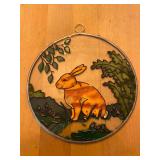Circular Faux Stained Glass Hanging Panel Featuring Rabbit and Foliage Motif