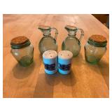 Dale Earnhardt Intimidator Salt and Pepper Shakers with Green Glass Cruets and Jars