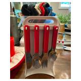 Red Handle Flatware Set with Hanging Stand