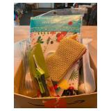 Assorted Household and Kitchen Utensils Box Lot with Tablecloth and Accessories
