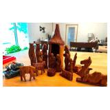 Hand Carved Wooden Nativity Scene Set with Figures and Hut