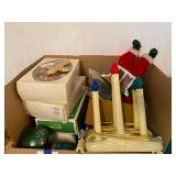 Assorted Box Lot of Christmas Decorations, Ornaments, and Electric Candle Bridge
