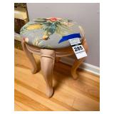 Upholstered Round Footstool with Tropical Bird and Floral Pattern and Cabriole Legs