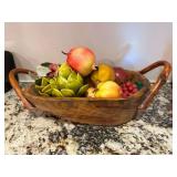 Carved Wooden Bowl with Branch Handles Filled with Decorative Fruit
