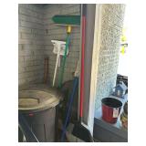 Assorted Brooms and Plastic Trash Can
