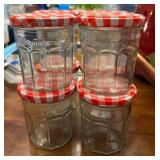 Set of Four Bonne Maman Glass Jars with Red and White Gingham Lids
