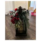 Black Decorative Lantern with Holiday Floral Arrangement and Buffalo Plaid Ribbon