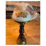 Electric Hurricane Table Lamp with Floral Milk Glass Shade and Wooden Stand