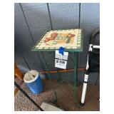 Metal Plant Stand with Decorative Tile Top Featuring Fruit Motif