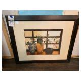 Framed Still Life Print Featuring Pottery Vessels and Foliage