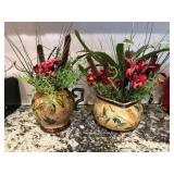 Set of Two Hand-Painted Ceramic Pitchers with Floral Arrangements