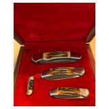 Four-Piece Folding Pocket Knife Set with Wooden Presentation Box