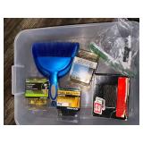 Plastic Storage Bin with Assorted Hardware, Fasteners, and Cleaning Supplies