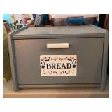 Gray Wooden Bread Box with Floral Decal and Drop-Down Door