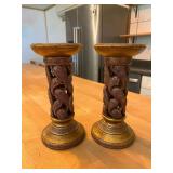 Pair of Gold Finished Decorative Pillar Candle Holders with Cutout Detailing