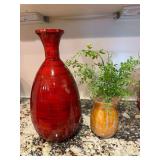 Red Bamboo Vase and Yellow Glass Vase with Artificial Foliage Set