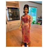 Asian Collectible Figurine Doll in Pink Embroidered Dress with Hat and Stand