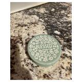 Set of Four Round Ceramic Drink Coasters with Blessed Leaf Motif