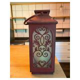 Red Metal Decorative Candle Lantern with Scrollwork Panels