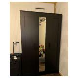 Dark Wood Finish Wardrobe Closet with Mirrored Center Door and Shelving