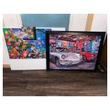 Lot of Two Completed and Mounted Jigsaw Puzzles Featuring Classic Cars and Tropical Flora