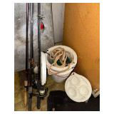 Fishing Rods, Reels, and Foam Minnow Buckets