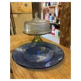 Vintage Green -Pedestal Ribbed Glass Cake Stand and Cobalt Charger