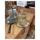 Glass Bowl, Skillet, Grater and Extra Lid