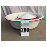 VTG White with Red Trimmed Enamelware and Misc. Enamel Items