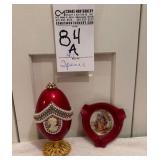Victorian Themed Items including a Jeweled Faberge Style Egg and Small Post WW2 Trinket Dish