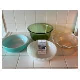 VTG General Electric Green Glass Standing Mixer Bowl, Turquoise Pyrex Bowl, and Anchor Hocking Items