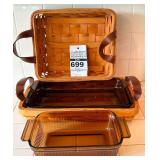 Anchor Hocking Harvest Amber Basket Buffet Set plus Glass Amber Loaf Pan and Misc. Basket