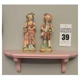 Pacific Japan Victorian Era Porcelain Figurines and a Pink Wall Shelf