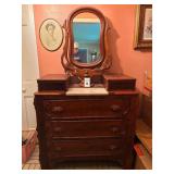 Victorian Walnut Dresser and Wishbone Mirror with Glove Boxes and Marble Slab