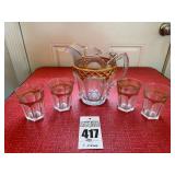 Early American Pressed Glass Water Pitcher with 6 Glasses
