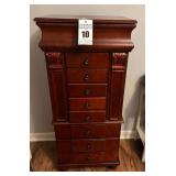 Cherry Finished Wooden Jewelry Display or Storage Cabinet with Green Velvet Lining