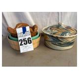 VTG McCoy Turquoise Aqua Blue Round Low Bulb Wave Knob Dish, Marbled Casserole Dish, and Misc Pieces