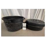 VTG Large Round Black Enamel Speckled Stock Pot, Roaster Pan and Broiler Set