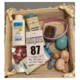 VTG Deco Plastic Small Dresser Set, Pair of Baby Power Tins, Lefton Porcelain Kewpie Doll and Misc.