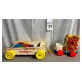 1970's FISHER-PRICE Pull-A-Long Lacing Shoe and 1960's PLAYSKOOL Wooden Wagon with Blocks