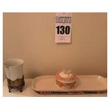 Lefton China Trinket Dish, Hollywo Regency Porcelain Bathroom Tumber and Footed Base