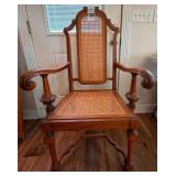 Oak Cane Armchair with Scroll Design Armrest